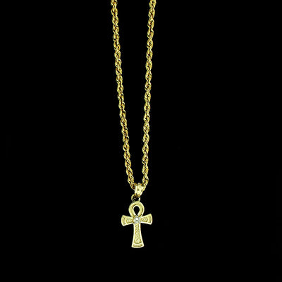 Mens Real 10K Yellow Gold Egyptian Ankh Cross Charm Pendant With 2mm Rope Chain Necklace Set