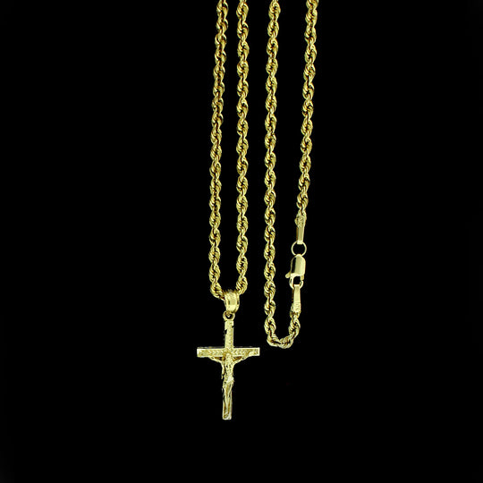 Real 10K Yellow Gold Jesus Cross Charm Pendant Diamond Cut &amp; 2mm Rope Chain