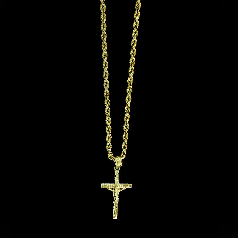 Real 10K Yellow Gold Jesus Cross Charm Pendant Diamond Cut &amp; 2mm Rope Chain