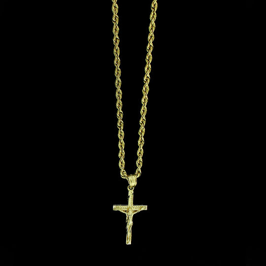 Real 10K Yellow Gold Jesus Cross Charm Pendant Diamond Cut &amp; 2mm Rope Chain