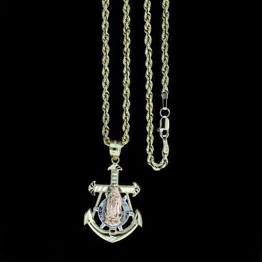 Real 10K Yellow Gold Virgin Mary Anchor Cross Charm Pendant &amp; 2.5mm Rope Chain Necklace Set