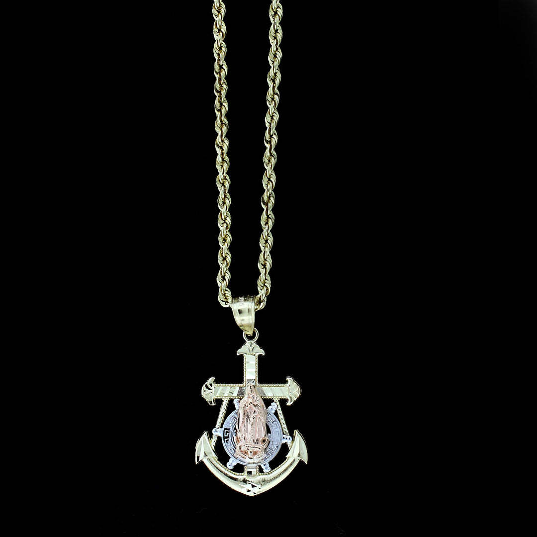 Real 10K Yellow Gold Virgin Mary Anchor Cross Charm Pendant &amp; 2.5mm Rope Chain Necklace Set