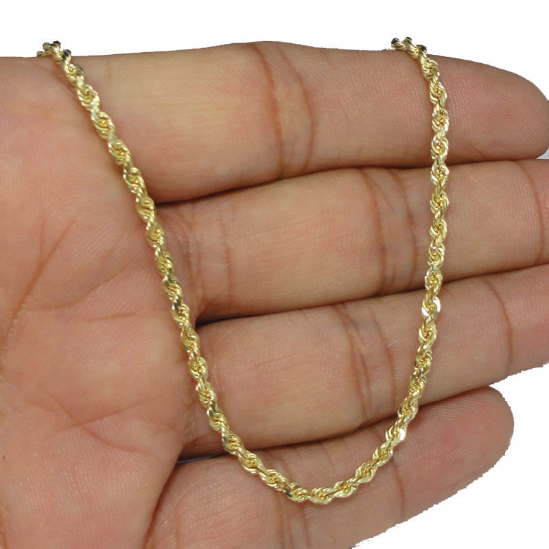 Real 10K Yellow Gold Jesus Cross Charm Pendant Diamond Cut & 2mm Rope Chain