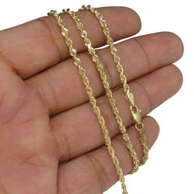 Mens Real 10K Yellow Gold Diamond Cut Cross Charm Pendant & 2mm Rope Chain