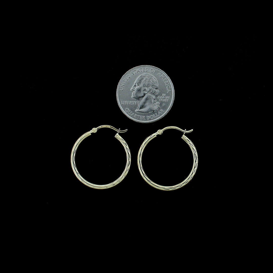 Real 10K Yellow Gold 25mm X 2mm 1" Diamond Cut Round Plain Hoop Earrings