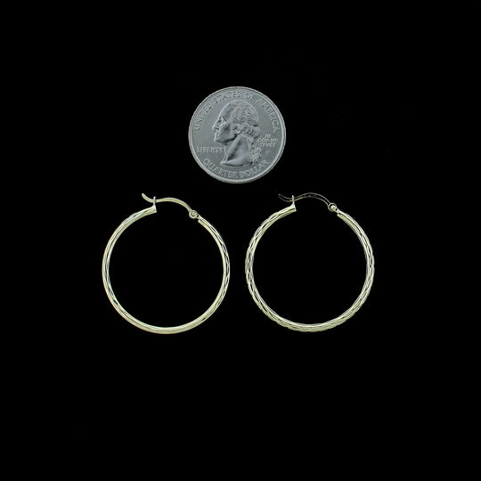 Real 10K Yellow Gold 32mm X 2mm 1.25" Diamond Cut Medium Plain Hoop Earrings