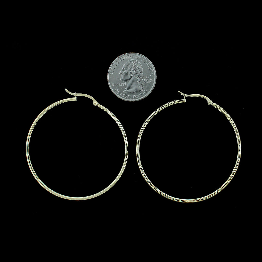 Real 10K Yellow Gold 50mm X 2mm 2" Diamond Cut Large Plain Hoop Earrings