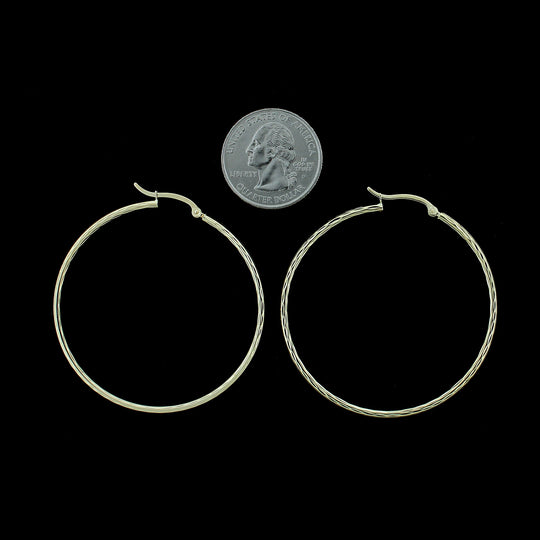 Real 10K Yellow Gold 50mm X 2mm 2" Diamond Cut Large Plain Hoop Earrings