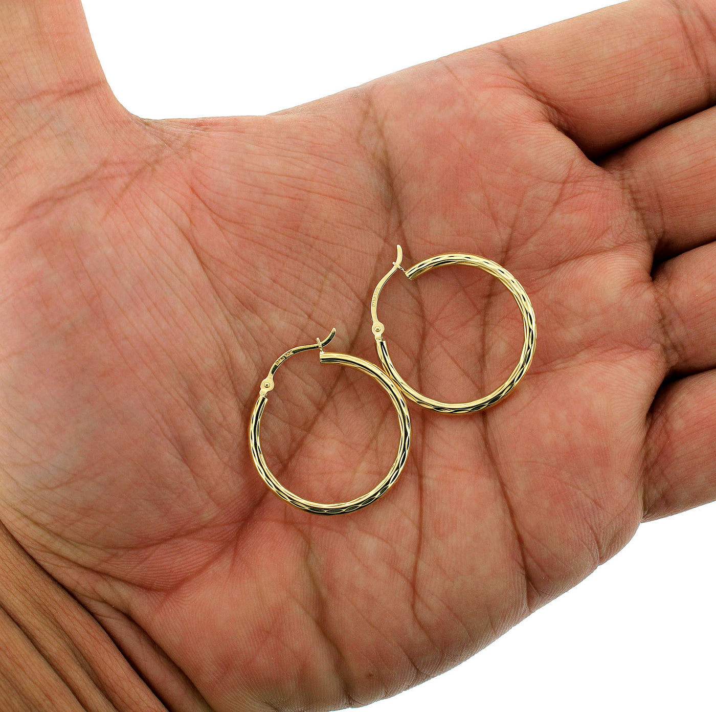 Womens 10K Yellow Gold Diamond Cut Round Plain Shiny Hoop Earrings, 3 Sizes