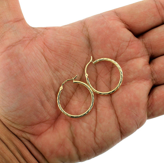 Real 10K Yellow Gold 25mm X 2mm 1" Diamond Cut Round Plain Hoop Earrings