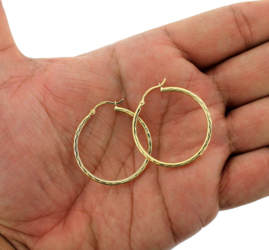 Womens 10K Yellow Gold Diamond Cut Round Plain Shiny Hoop Earrings, 3 Sizes