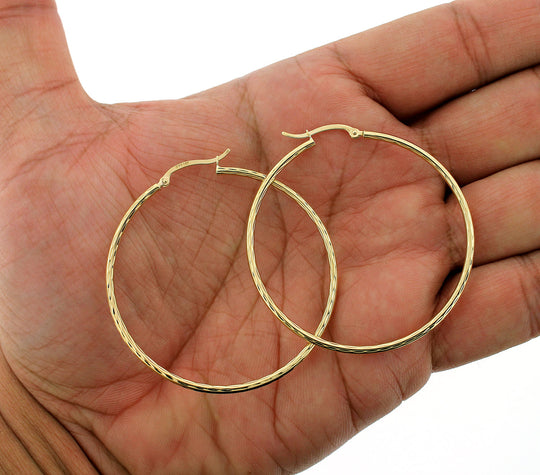 Womens 10K Yellow Gold Diamond Cut Round Plain Shiny Hoop Earrings, 3 Sizes