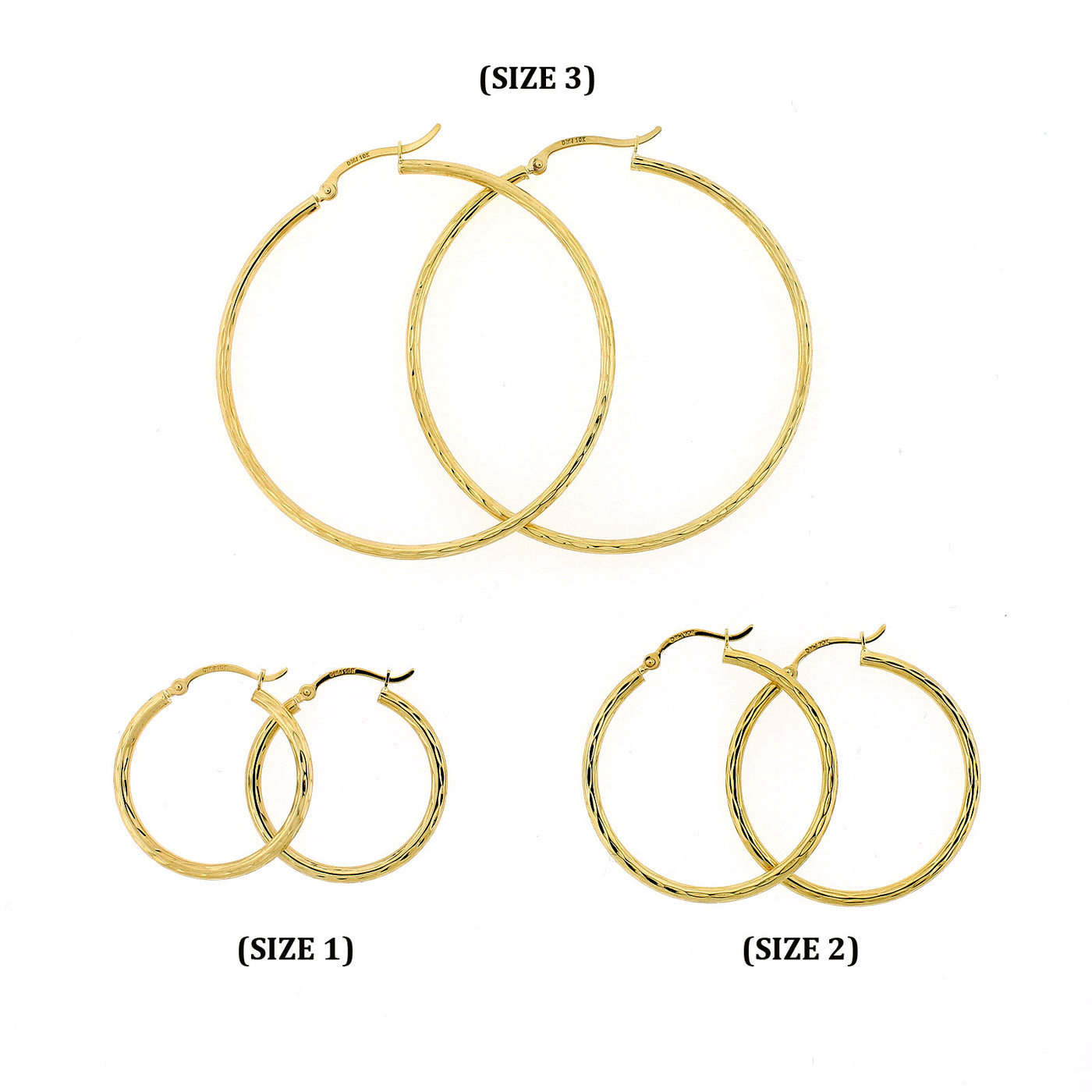 Womens 10K Yellow Gold Diamond Cut Round Plain Shiny Hoop Earrings, 3 Sizes