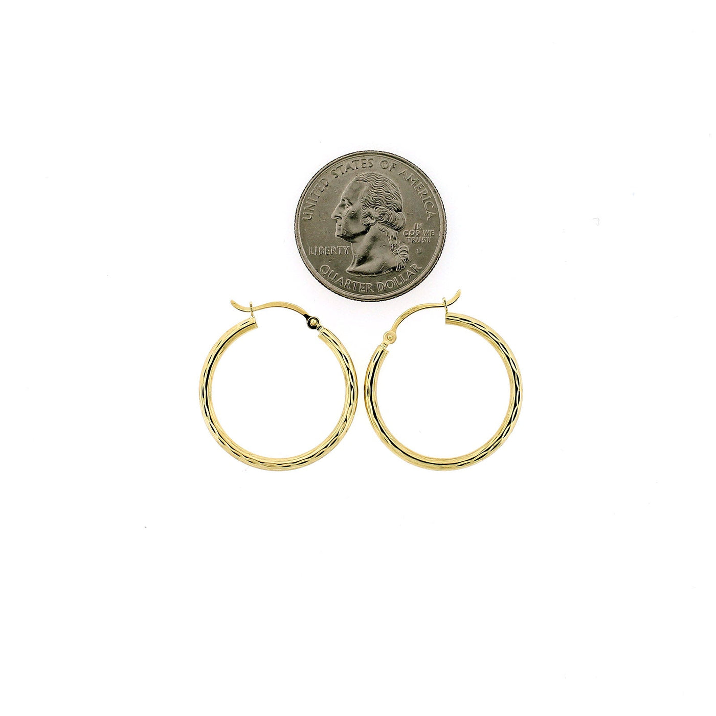 Real 10K Yellow Gold 25mm X 2mm 1" Diamond Cut Round Plain Hoop Earrings