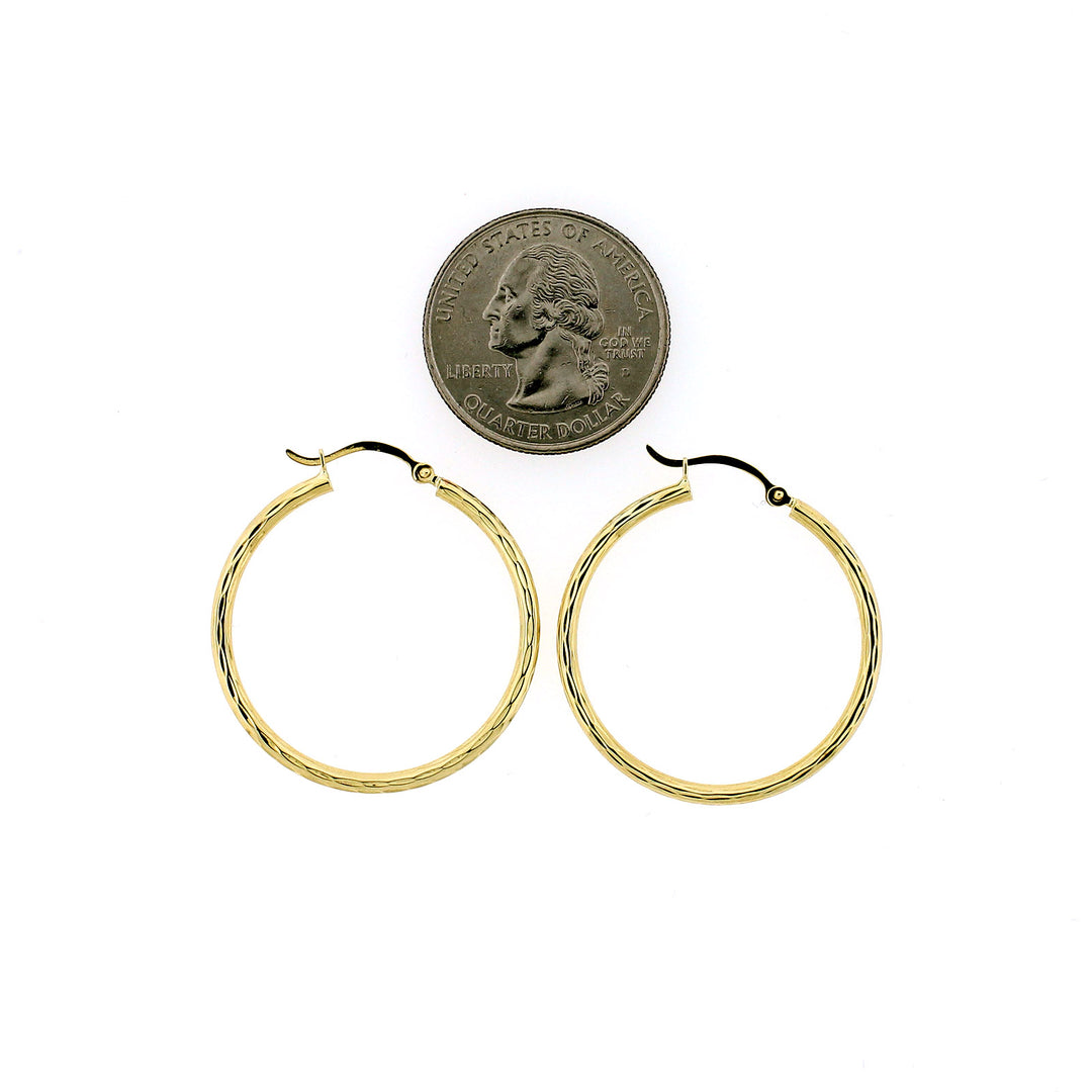 Womens 10K Yellow Gold Diamond Cut Round Plain Shiny Hoop Earrings, 3 Sizes