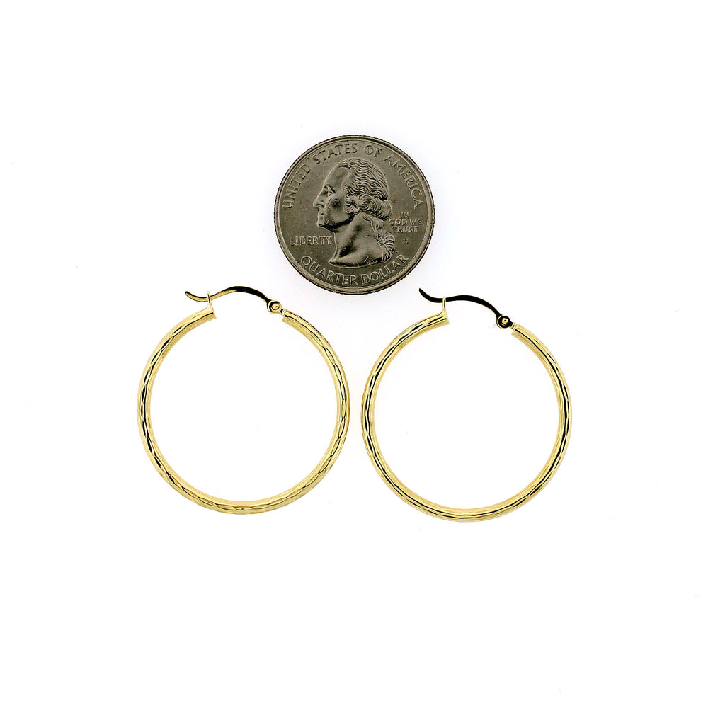 Real 10K Yellow Gold 32mm X 2mm 1.25" Diamond Cut Medium Plain Hoop Earrings