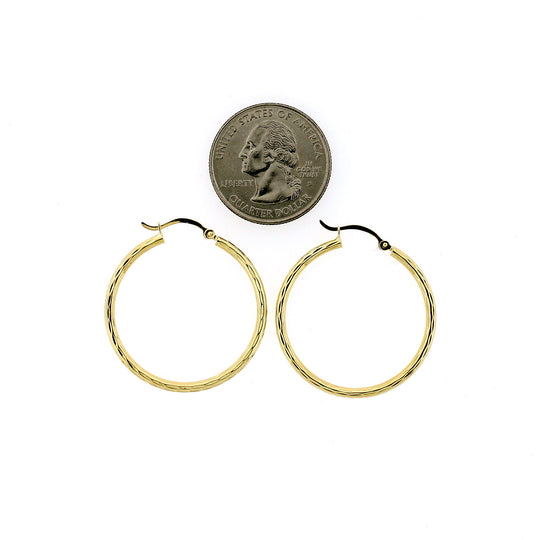 Real 10K Yellow Gold 32mm X 2mm 1.25" Diamond Cut Medium Plain Hoop Earrings