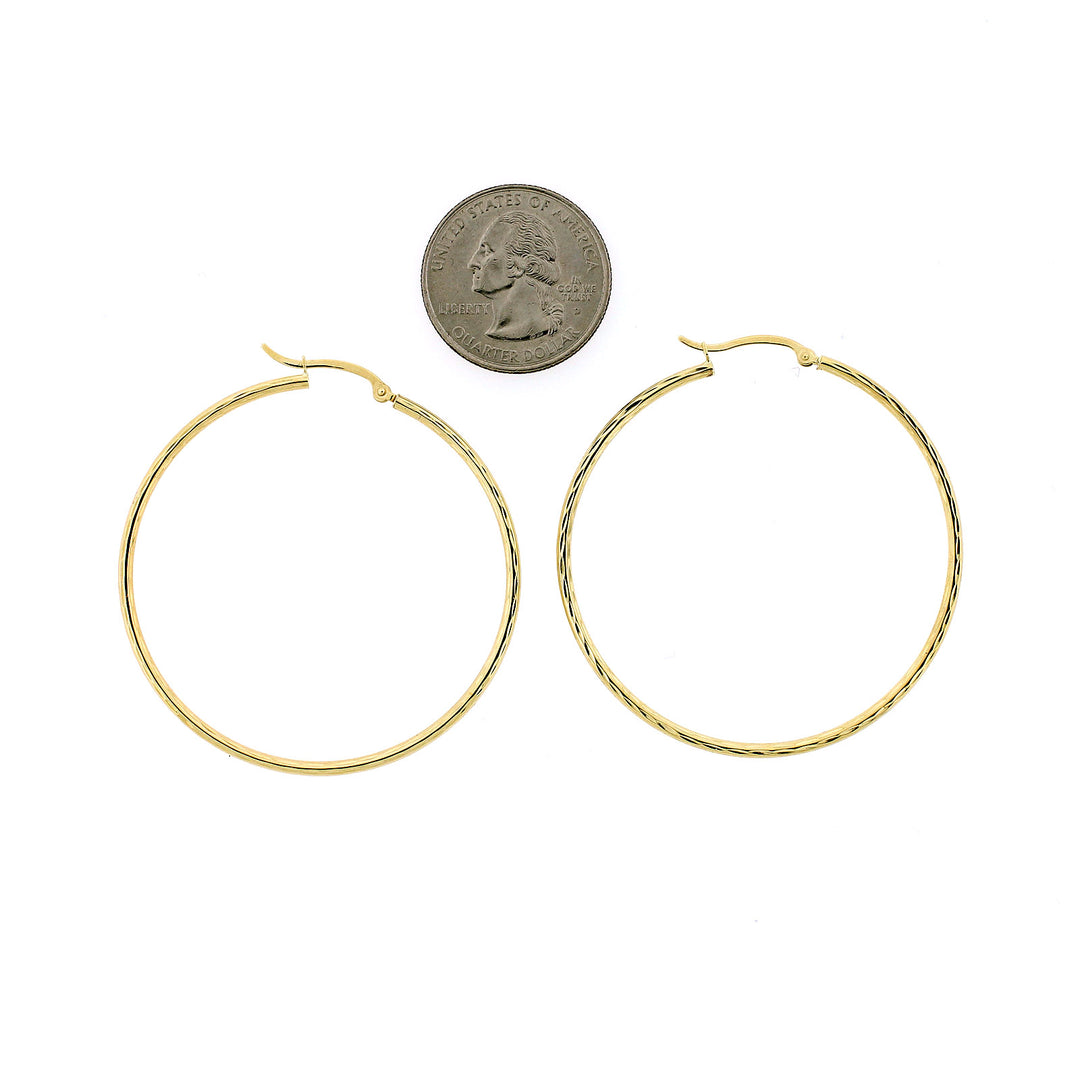 Womens 10K Yellow Gold Diamond Cut Round Plain Shiny Hoop Earrings, 3 Sizes