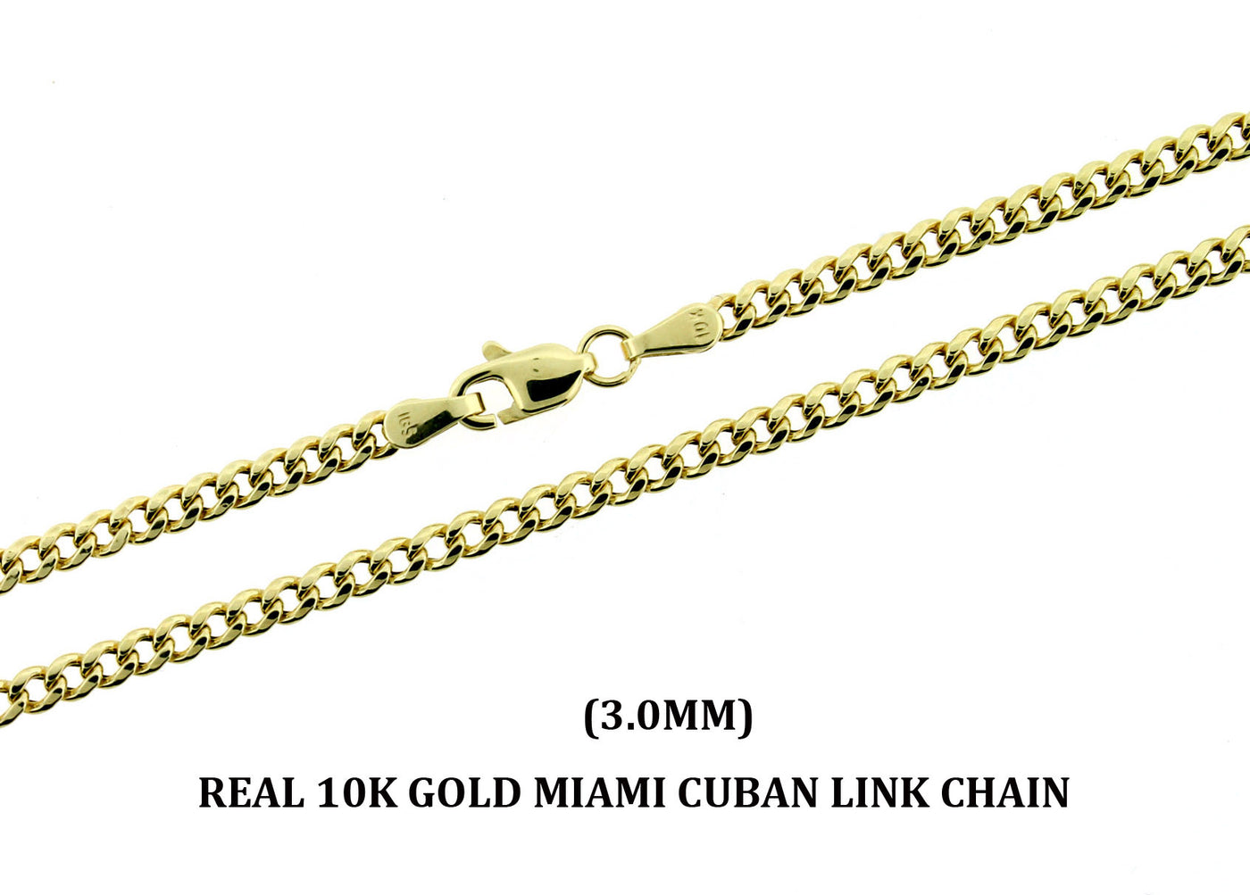 10K Solid Yellow Gold Men's 3mm Miami Cuban Link Chain Necklace, 10KT Real Gold