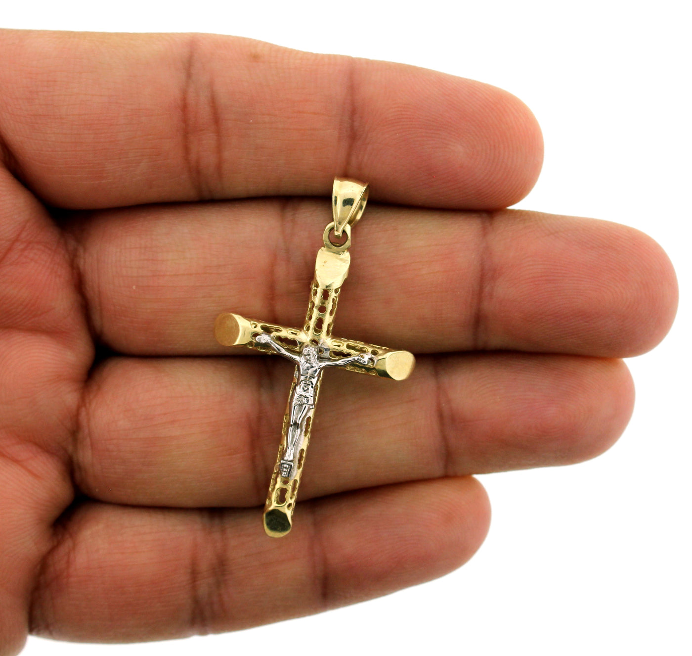 Mens Real 10K Solid Yellow Gold Jesus Crucifix Filigree Cross Charm Pendant