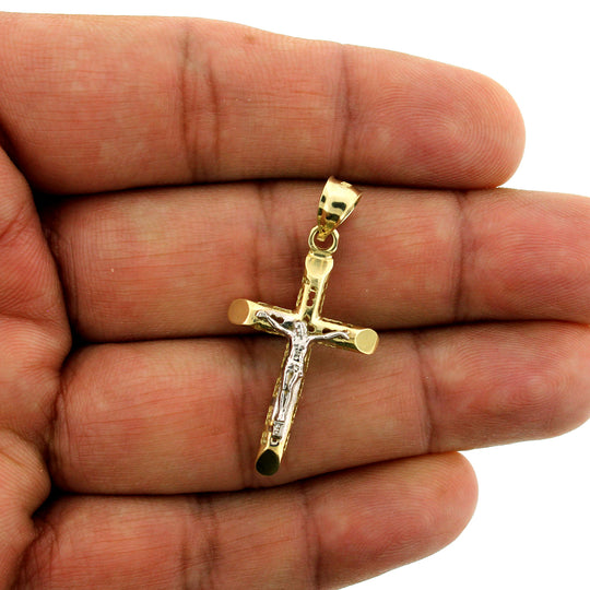Real 10K Yellow Gold Filigree Cross Crucifix Charm Pendant &amp; 2.5mm Rope Chain Necklace Set