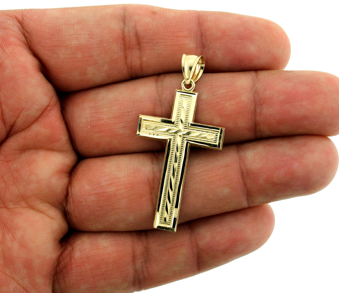 Mens Real 10K Yellow Gold Diamond Cut Cross Charm Pendant &amp; 2.5mm Rope Chain Necklace Set
