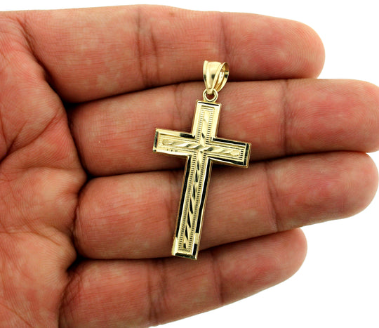 Mens Real 10K Yellow Gold Diamond Cut Cross Charm Pendant &amp; 2.5mm Rope Chain Necklace Set
