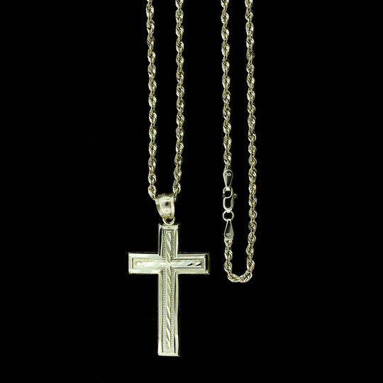 Mens Real 10K Yellow Gold Diamond Cut Cross Charm Pendant &amp; 2.5mm Rope Chain Necklace Set