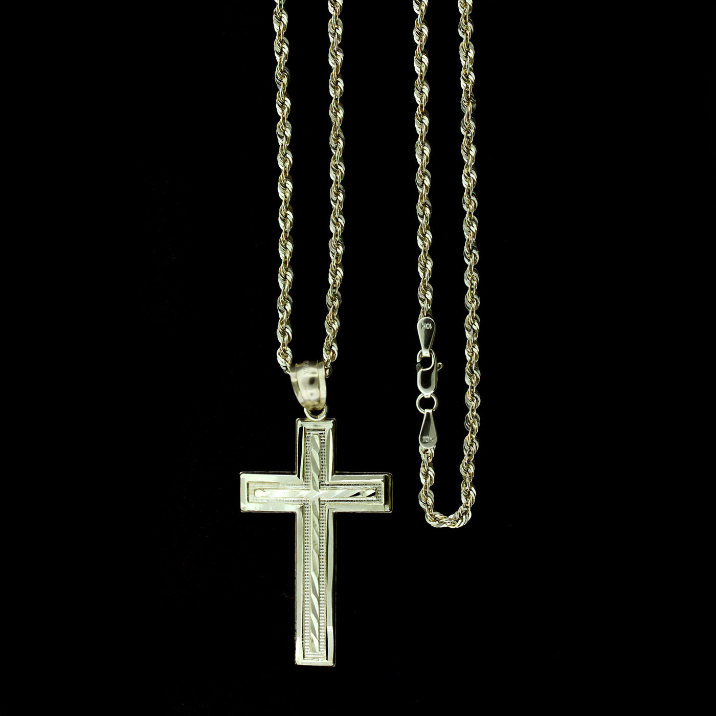 Mens Real 10K Yellow Gold Diamond Cut Cross Charm Pendant & 2.5mm Rope Chain Necklace Set