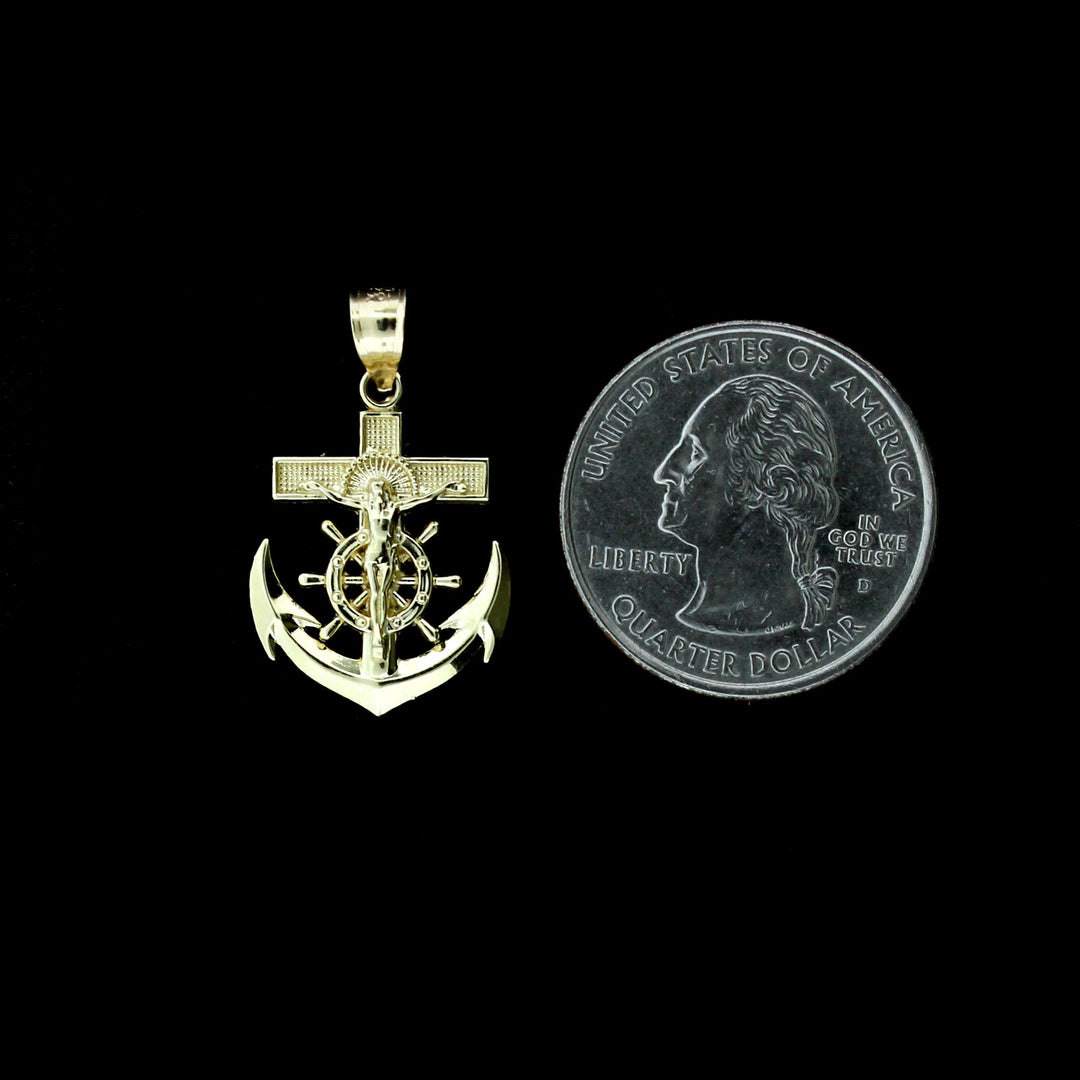 Mens 10K Gold Jesus Anchor Cross Charm Pendant With 2.5mm Rope Chain Necklace Set