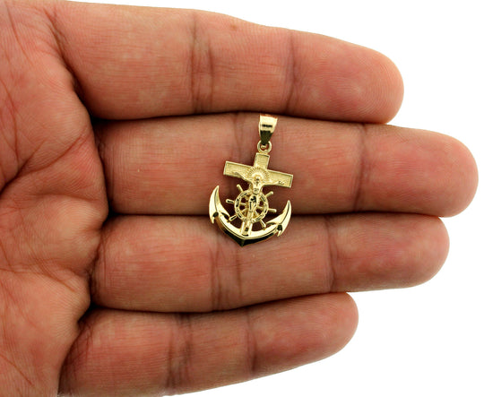 Real 10K Yellow Gold Mens Anchor Cross Pendant Diamond Cut Jesus Crucifix Charm