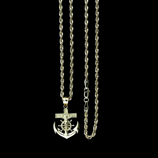 Mens 10K Gold Jesus Anchor Cross Charm Pendant With 2.5mm Rope Chain Necklace Set