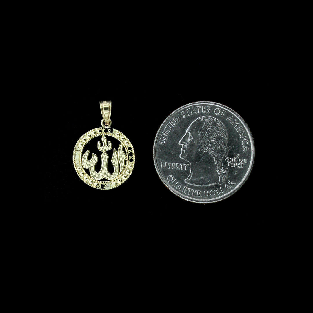 Real 10K Yellow Gold Diamond Cut Islamic Allah Arabic Charm Pendant &amp; Rope Chain