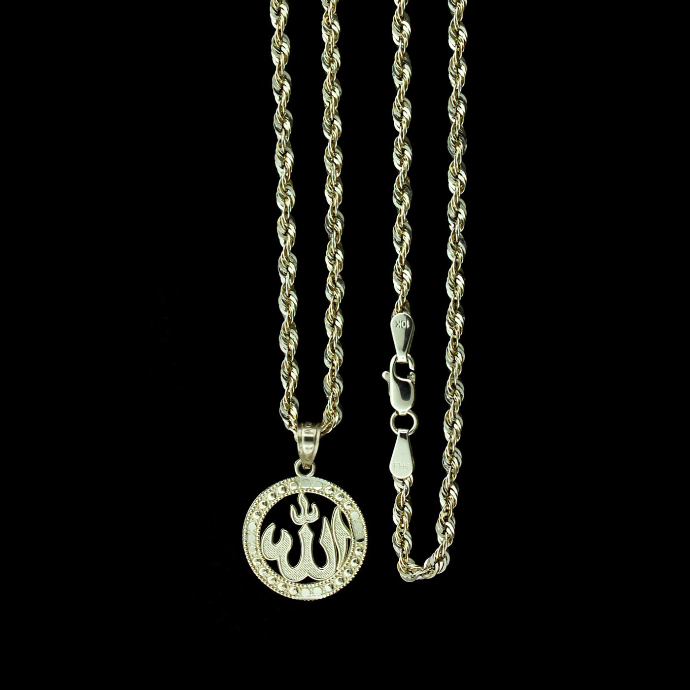 Real 10K Yellow Gold Diamond Cut Islamic Allah Arabic Charm Pendant & Rope Chain