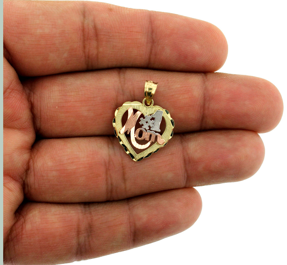 10K Solid Yellow White Rose Gold Heart #1 Mom Charm Pendant & 2mm Rope Chain Necklace Set