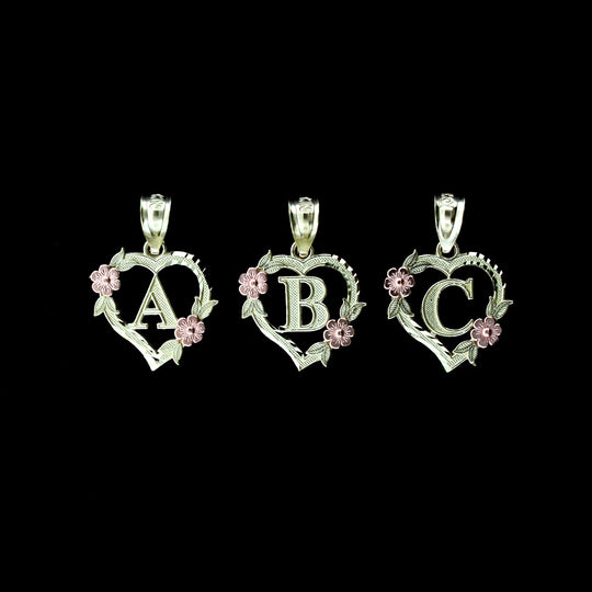 10K Yellow Gold Heart Initial Letter Pendant A-Z Alphabet Flower Necklace Charm