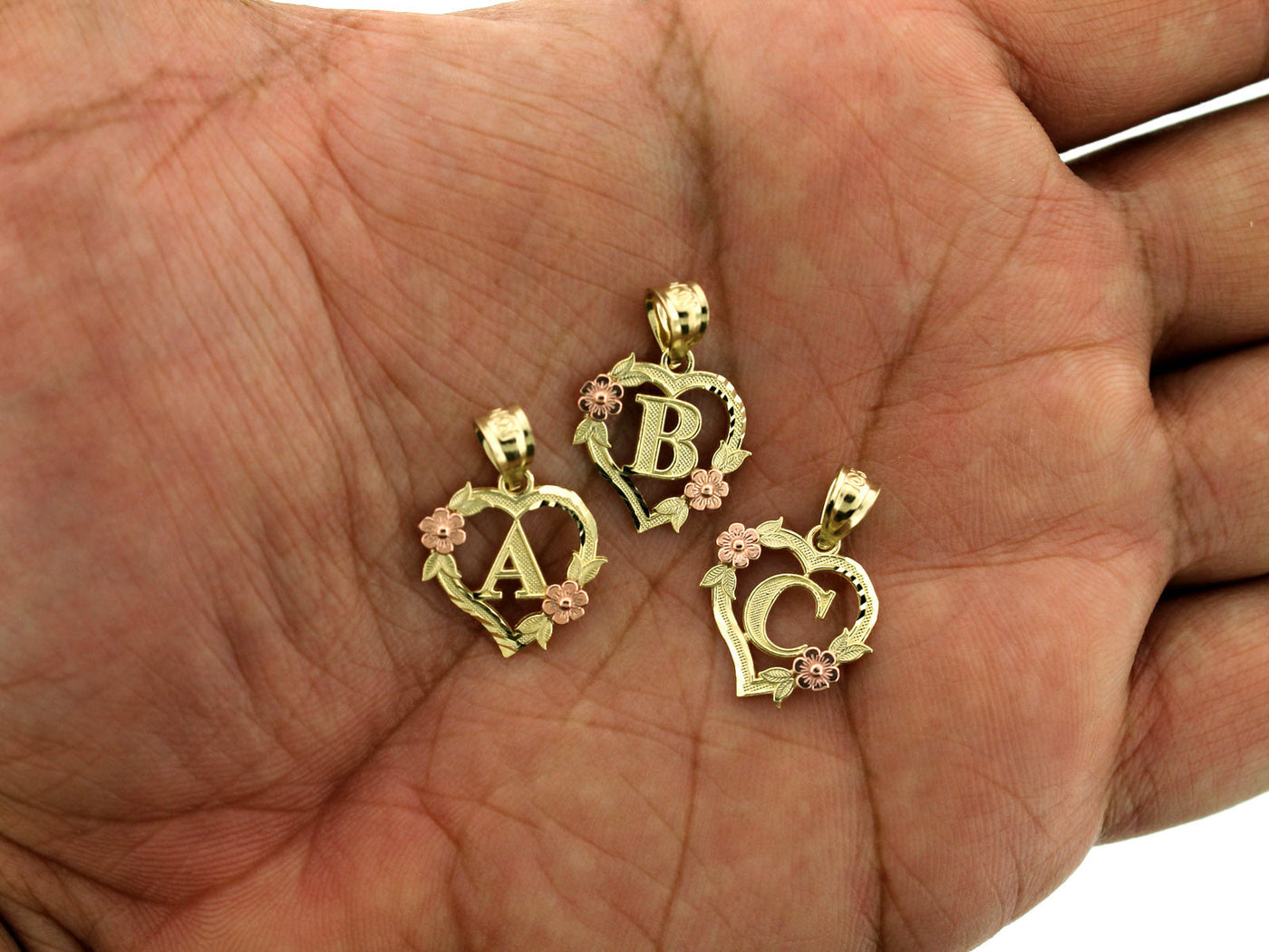 10K Yellow Gold Heart Initial Letter Pendant A-Z Alphabet Flower Necklace Charm
