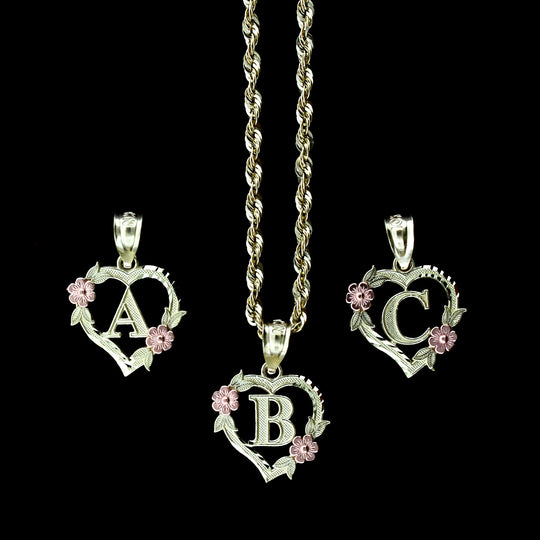 10K Solid Yellow Gold Heart Initial Letter Charm Pendant A-Z Alphabet Rope Chain Necklace Set