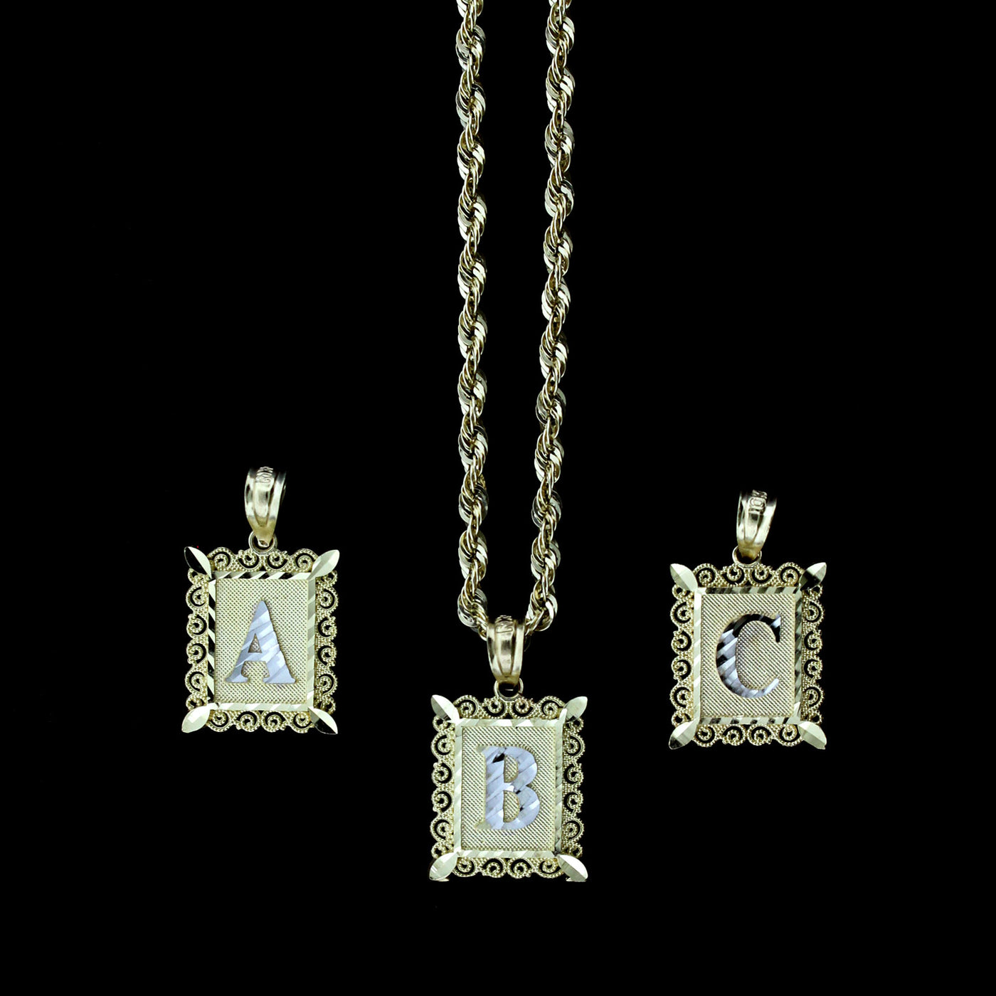 10K Solid Yellow Gold Initial Letter Plate Pendant A-Z Alphabet Charm Rope Chain Necklace Set
