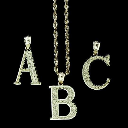 10K Yellow Gold Diamond Cut Initial Letter Charm Pendant A-Z Alphabet Rope Chain Necklace Set