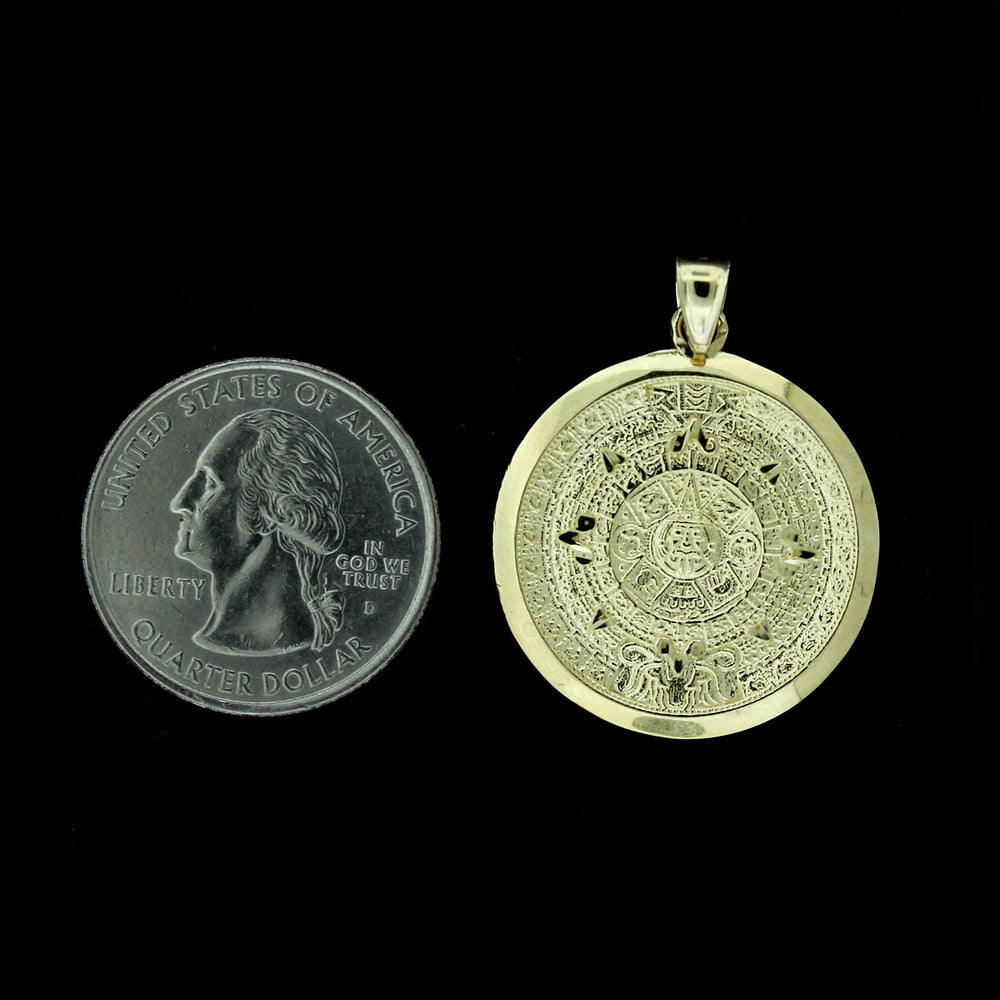 Mens 10K Yellow Gold Aztec Mayan Sun Calendar Pendant & 2.5mm Cuban Link Chain Necklace Set