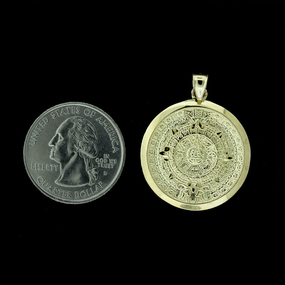 Mens 10K Yellow Gold Aztec Mayan Sun Calendar Pendant & 2.5mm Rope Chain Necklace Set