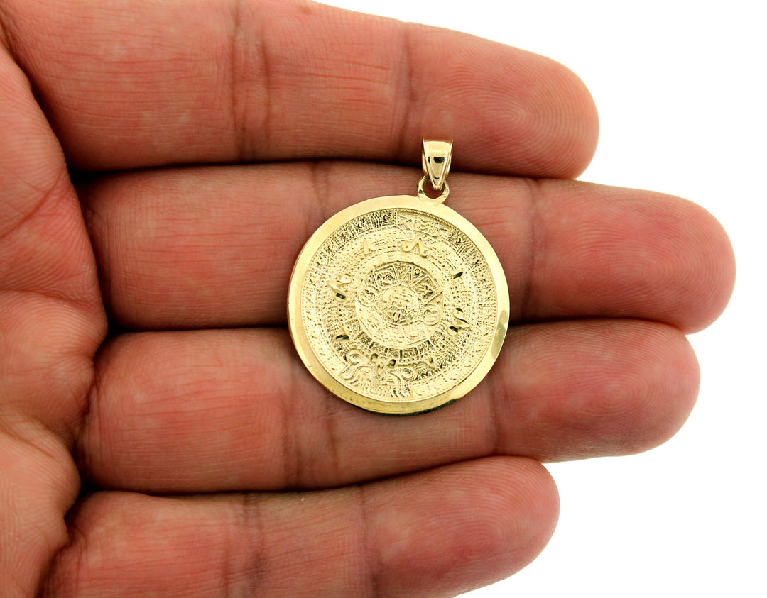 Mens 10K Yellow Gold Aztec Mayan Sun Calendar Pendant &amp; 2.5mm Rope Chain Necklace Set