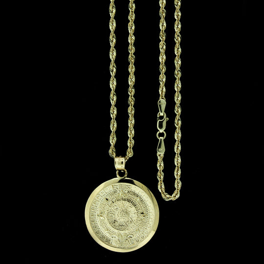 Mens 10K Yellow Gold Aztec Mayan Sun Calendar Pendant &amp; 2.5mm Rope Chain Necklace Set