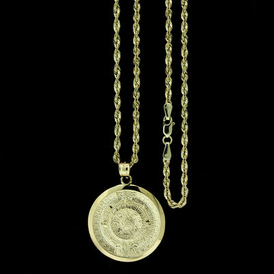 10K Solid Yellow Gold Aztec Mayan Sun Calendar Pendant & 2.5mm Rope Chain Necklace Set