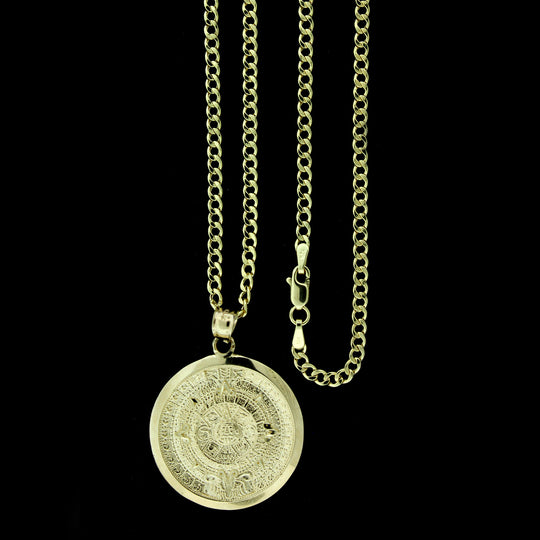 Mens 10K Yellow Gold Aztec Mayan Sun Calendar Pendant &amp; 2.5mm Cuban Link Chain Necklace Set