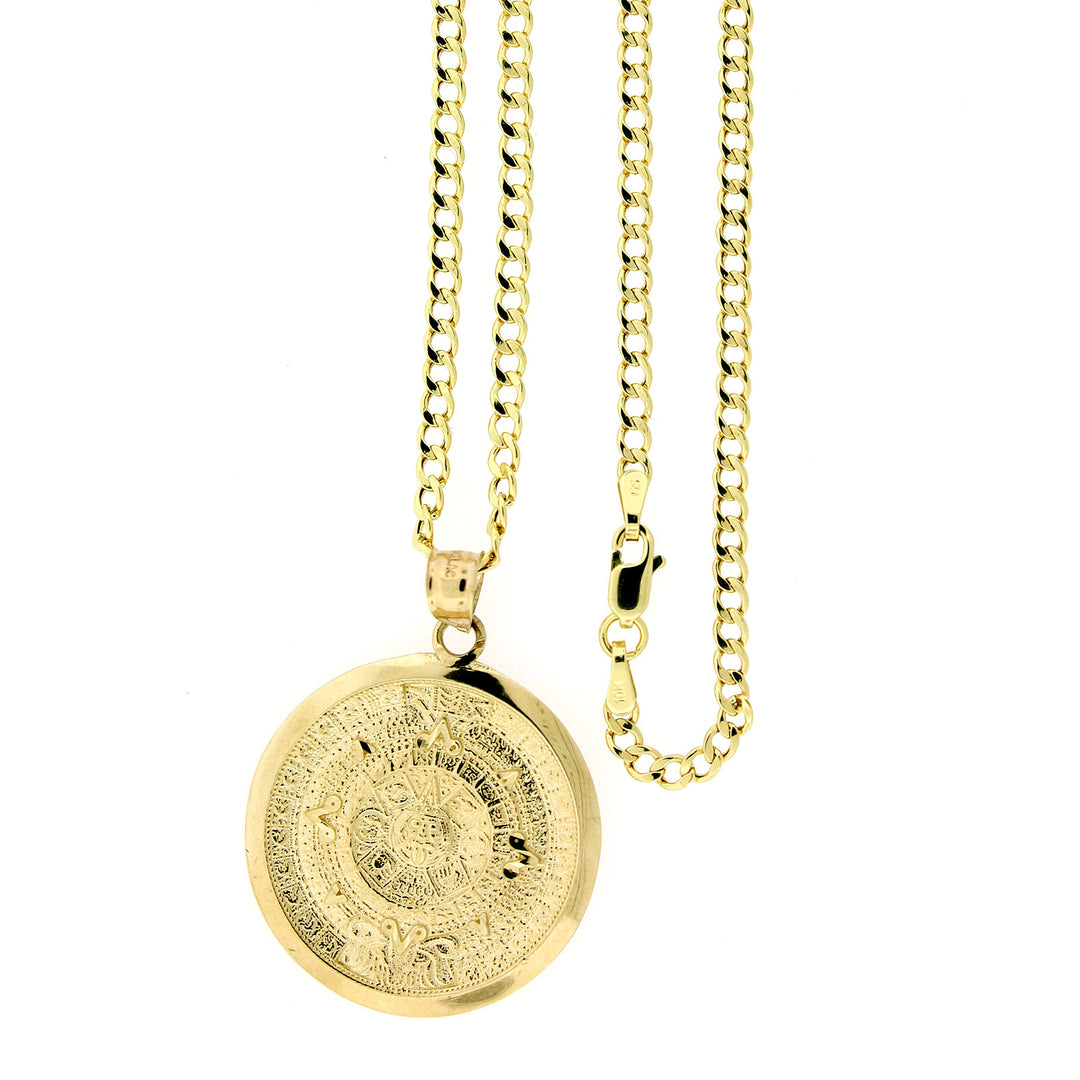 Mens 10K Yellow Gold Aztec Mayan Sun Calendar Pendant &amp; 2.5mm Cuban Link Chain Necklace Set