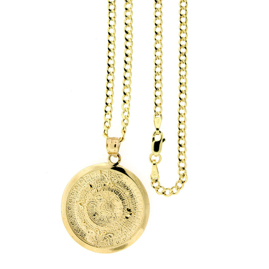 Mens 10K Yellow Gold Aztec Mayan Sun Calendar Pendant &amp; 2.5mm Cuban Link Chain Necklace Set