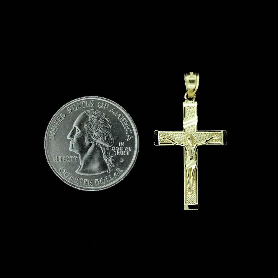 Real 10K Yellow Gold Diamond Cut Jesus Crucifix Cross Charm Pendant &amp; 2.5mm Rope Chain Necklace Set