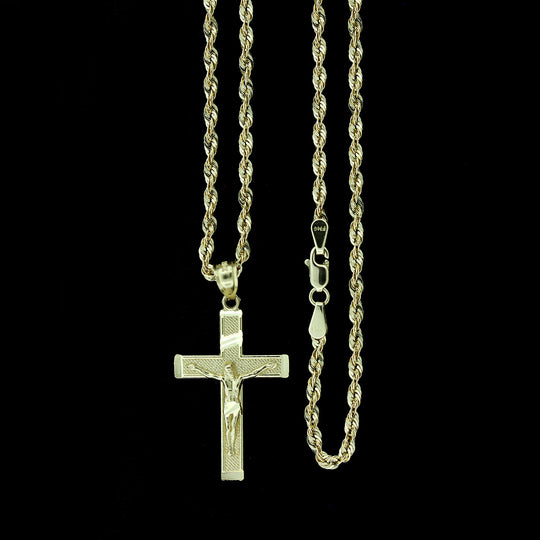 Real 10K Yellow Gold Diamond Cut Jesus Crucifix Cross Charm Pendant &amp; 2.5mm Rope Chain Necklace Set